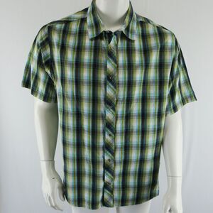 prAna Short Sleeve Pearl Snap Button Up Shirt‎ Mens L 100% Organic Cotton